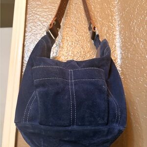 Tylie Malibu Navy Suede Hobo Bag with Brown Strap